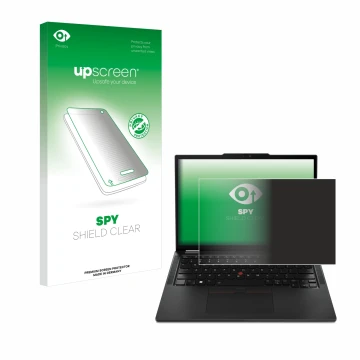 Parte frontal de un envase de producto con el logotipo de la marca upscreen. Al lado se muestra el dispositivo Lenovo ThinkPad