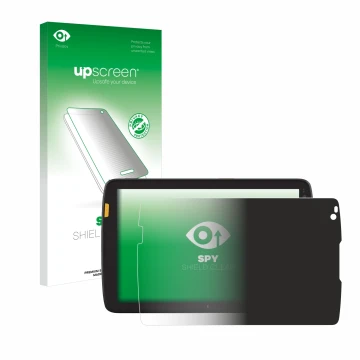 Parte frontal de un envase de producto con el logotipo de la marca upscreen. Al lado se muestra el dispositivo Zebra ET40 8