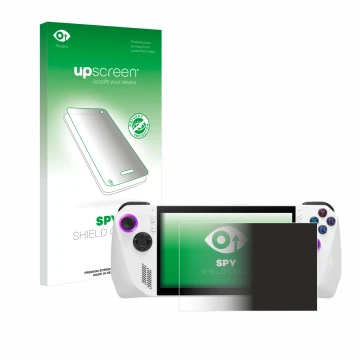 Parte frontal de un envase de producto con el logotipo de la marca upscreen. Al lado se muestra el dispositivo ASUS ROG Ally (