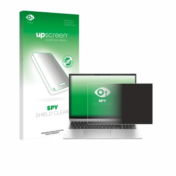 Parte frontal de un envase de producto con el logotipo de la marca upscreen. Al lado se muestra el dispositivo HP EliteBook 86