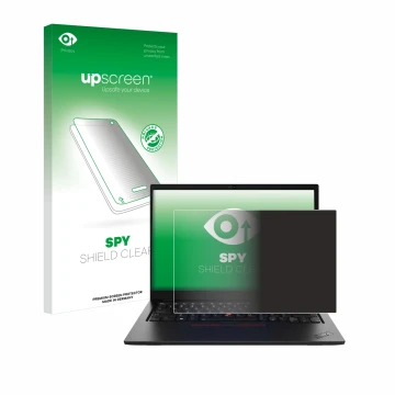 Parte frontal de un envase de producto con el logotipo de la marca upscreen. Al lado se muestra el dispositivo Lenovo ThinkPad