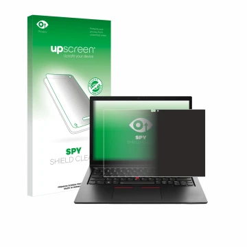 Parte frontal de un envase de producto con el logotipo de la marca upscreen. Al lado se muestra el dispositivo Lenovo ThinkPad