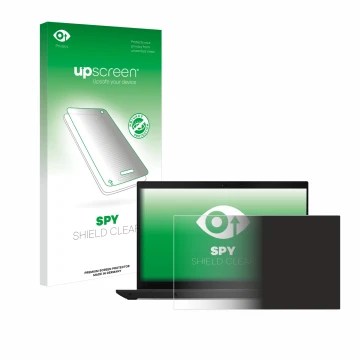 Parte frontal de un envase de producto con el logotipo de la marca upscreen. Al lado se muestra el dispositivo Lenovo ThinkPad