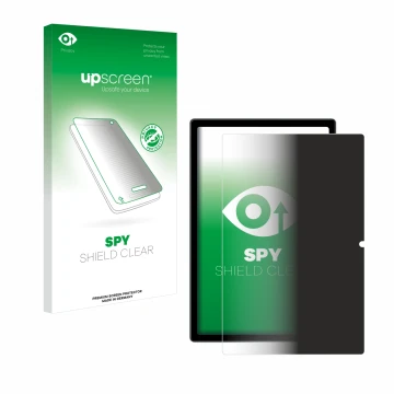 Parte frontal de un envase de producto con el logotipo de la marca upscreen. Al lado se muestra el dispositivo Blackview Tab 1