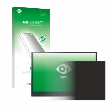 Parte frontal de un envase de producto con el logotipo de la marca upscreen. Al lado se muestra el dispositivo LG gram +view 1
