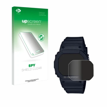 Parte frontal de un envase de producto con el logotipo de la marca upscreen. Al lado se muestra el dispositivo Casio G-Shock G