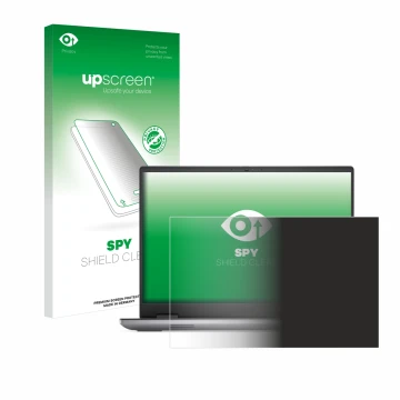 Parte frontal de un envase de producto con el logotipo de la marca upscreen. Al lado se muestra el dispositivo Dell Precision 