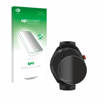 Parte frontal de un envase de producto con el logotipo de la marca upscreen. Al lado se muestra el dispositivo Garmin Approach
