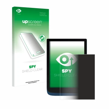 Parte frontal de un envase de producto con el logotipo de la marca upscreen. Al lado se muestra el dispositivo Vivlio InkPad 3