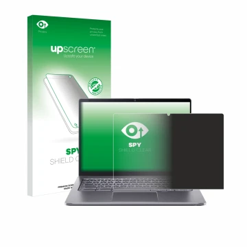 Parte frontal de un envase de producto con el logotipo de la marca upscreen. Al lado se muestra el dispositivo Acer Chromebook