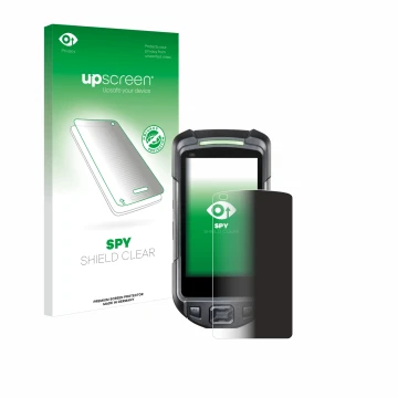 Parte frontal de un envase de producto con el logotipo de la marca upscreen. Al lado se muestra el dispositivo Keyence BT-A700