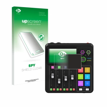 Parte frontal de un envase de producto con el logotipo de la marca upscreen. Al lado se muestra el dispositivo Rode Rodecaster
