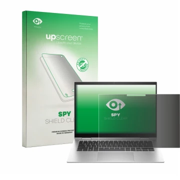 Parte frontal de un envase de producto con el logotipo de la marca upscreen. Al lado se muestra el dispositivo HP EliteBook x3