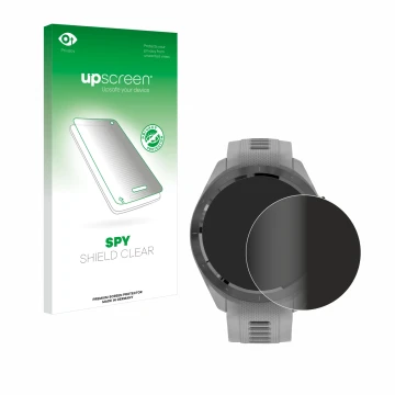 Parte frontal de un envase de producto con el logotipo de la marca upscreen. Al lado se muestra el dispositivo Garmin Approach
