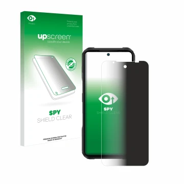 Parte frontal de un envase de producto con el logotipo de la marca upscreen. Al lado se muestra el dispositivo Doogee V20 Pro 