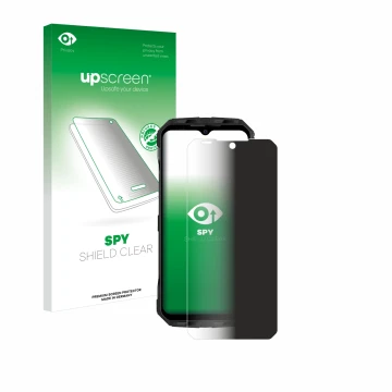 Parte frontal de un envase de producto con el logotipo de la marca upscreen. Al lado se muestra el dispositivo Doogee V30T con