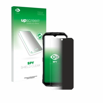 Parte frontal de un envase de producto con el logotipo de la marca upscreen. Al lado se muestra el dispositivo Doogee V Max co