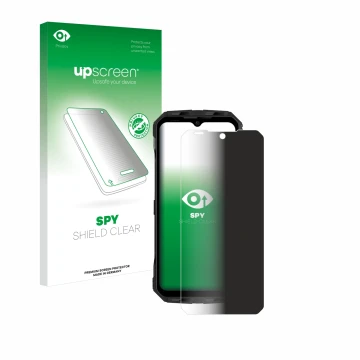 Parte frontal de un envase de producto con el logotipo de la marca upscreen. Al lado se muestra el dispositivo Doogee V30 con 
