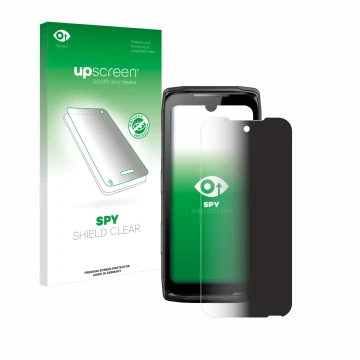 Parte frontal de un envase de producto con el logotipo de la marca upscreen. Al lado se muestra el dispositivo Crosscall Core-