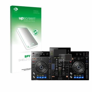 Parte frontal de un envase de producto con el logotipo de la marca upscreen. Al lado se muestra el dispositivo Pioneer XDJ-RX 