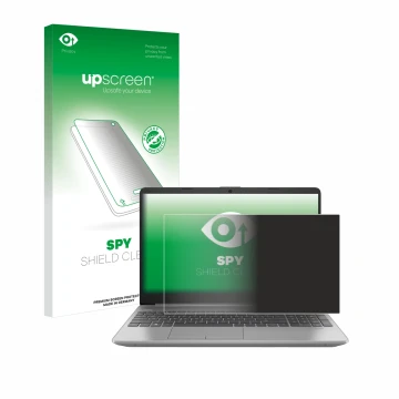 Parte frontal de un envase de producto con el logotipo de la marca upscreen. Al lado se muestra el dispositivo HP 250 G9 con s