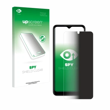 Parte frontal de un envase de producto con el logotipo de la marca upscreen. Al lado se muestra el dispositivo ZTE Blade V50 D
