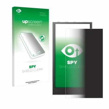 Parte frontal de un envase de producto con el logotipo de la marca upscreen. Al lado se muestra el dispositivo Astell&Kern A&f