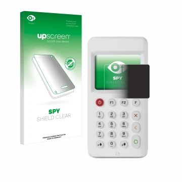 Parte frontal de un envase de producto con el logotipo de la marca upscreen. Al lado se muestra el dispositivo myPOS Go 2 con 