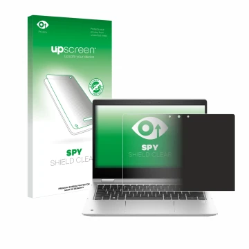 Parte frontal de un envase de producto con el logotipo de la marca upscreen. Al lado se muestra el dispositivo HP ProBook x360