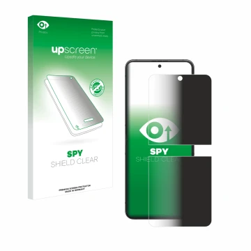 Parte frontal de un envase de producto con el logotipo de la marca upscreen. Al lado se muestra el dispositivo Samsung Galaxy 