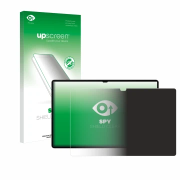 Parte frontal de un envase de producto con el logotipo de la marca upscreen. Al lado se muestra el dispositivo Samsung Galaxy 