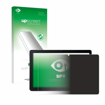 Parte frontal de un envase de producto con el logotipo de la marca upscreen. Al lado se muestra el dispositivo Acer Iconia Tab