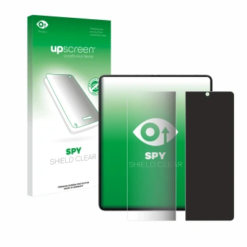 Parte frontal de un envase de producto con el logotipo de la marca upscreen. Al lado se muestra el dispositivo Samsung Galaxy 