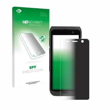 Parte frontal de un envase de producto con el logotipo de la marca upscreen. Al lado se muestra el dispositivo Honeywell CT47 