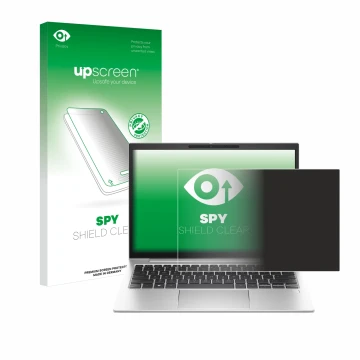 Parte frontal de un envase de producto con el logotipo de la marca upscreen. Al lado se muestra el dispositivo HP EliteBook 83
