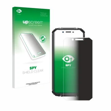 Parte frontal de un envase de producto con el logotipo de la marca upscreen. Al lado se muestra el dispositivo Oukitel WP18 co