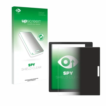 Parte frontal de un envase de producto con el logotipo de la marca upscreen. Al lado se muestra el dispositivo Boox Page con s