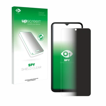 Parte frontal de un envase de producto con el logotipo de la marca upscreen. Al lado se muestra el dispositivo Cubot Note 50 c