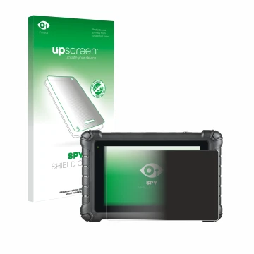 Parte frontal de un envase de producto con el logotipo de la marca upscreen. Al lado se muestra el dispositivo Autel MaxiDAS D