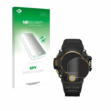 Parte frontal de un envase de producto con el logotipo de la marca upscreen. Al lado se muestra el dispositivo Casio G-Shock G