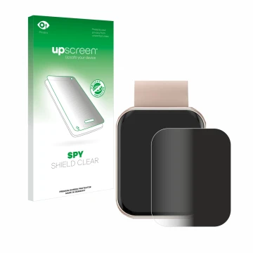 Parte frontal de un envase de producto con el logotipo de la marca upscreen. Al lado se muestra el dispositivo Mutoy Smartwatc