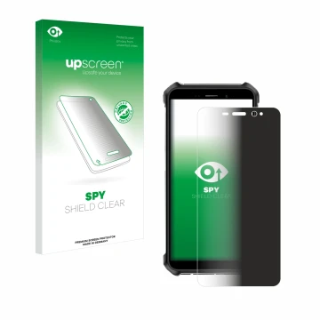 Parte frontal de un envase de producto con el logotipo de la marca upscreen. Al lado se muestra el dispositivo Ulefone Armor X
