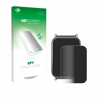 Parte frontal de un envase de producto con el logotipo de la marca upscreen. Al lado se muestra el dispositivo Xiaomi Mi Band 