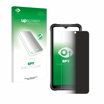 Parte frontal de un envase de producto con el logotipo de la marca upscreen. Al lado se muestra el dispositivo AGM G2 Guardian