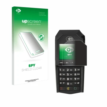 Parte frontal de un envase de producto con el logotipo de la marca upscreen. Al lado se muestra el dispositivo ingenico Lane/3