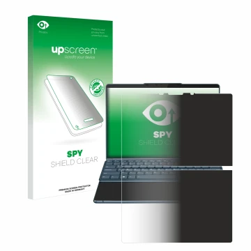 Parte frontal de un envase de producto con el logotipo de la marca upscreen. Al lado se muestra el dispositivo Lenovo Yoga Boo