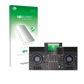 Parte frontal de un envase de producto con el logotipo de la marca upscreen. Al lado se muestra el dispositivo Denon DJ SC LIV