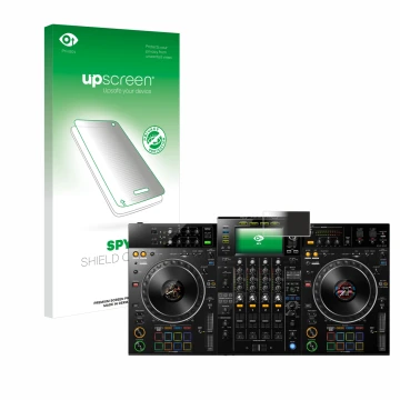 Parte frontal de un envase de producto con el logotipo de la marca upscreen. Al lado se muestra el dispositivo Pioneer XDJ -XZ