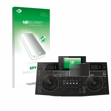 Parte frontal de un envase de producto con el logotipo de la marca upscreen. Al lado se muestra el dispositivo Pioneer OPUS-QU
