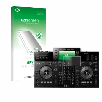 Parte frontal de un envase de producto con el logotipo de la marca upscreen. Al lado se muestra el dispositivo Pioneer XDJ -RR